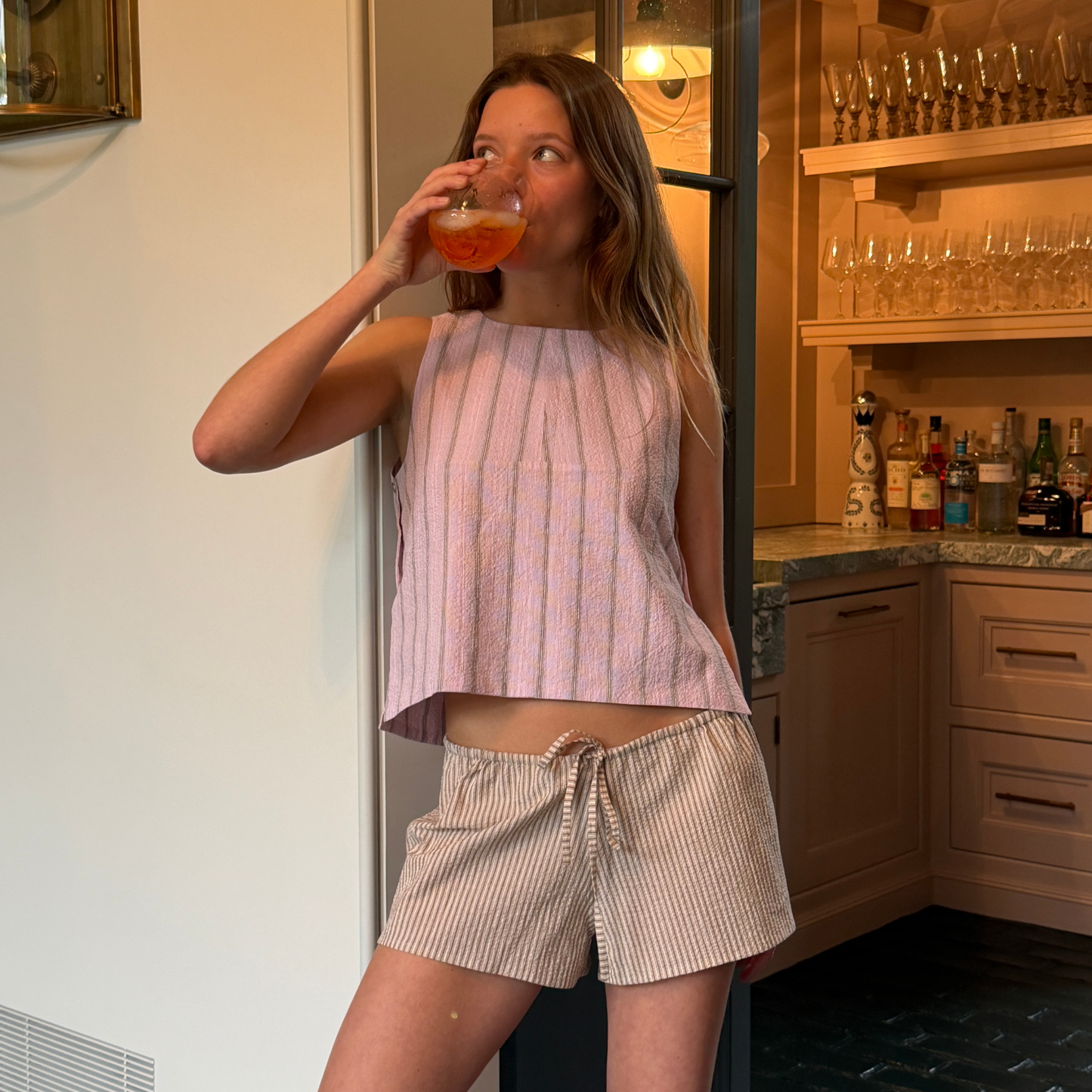 The Ashleigh Mini Top in Pink and Brown Stripe