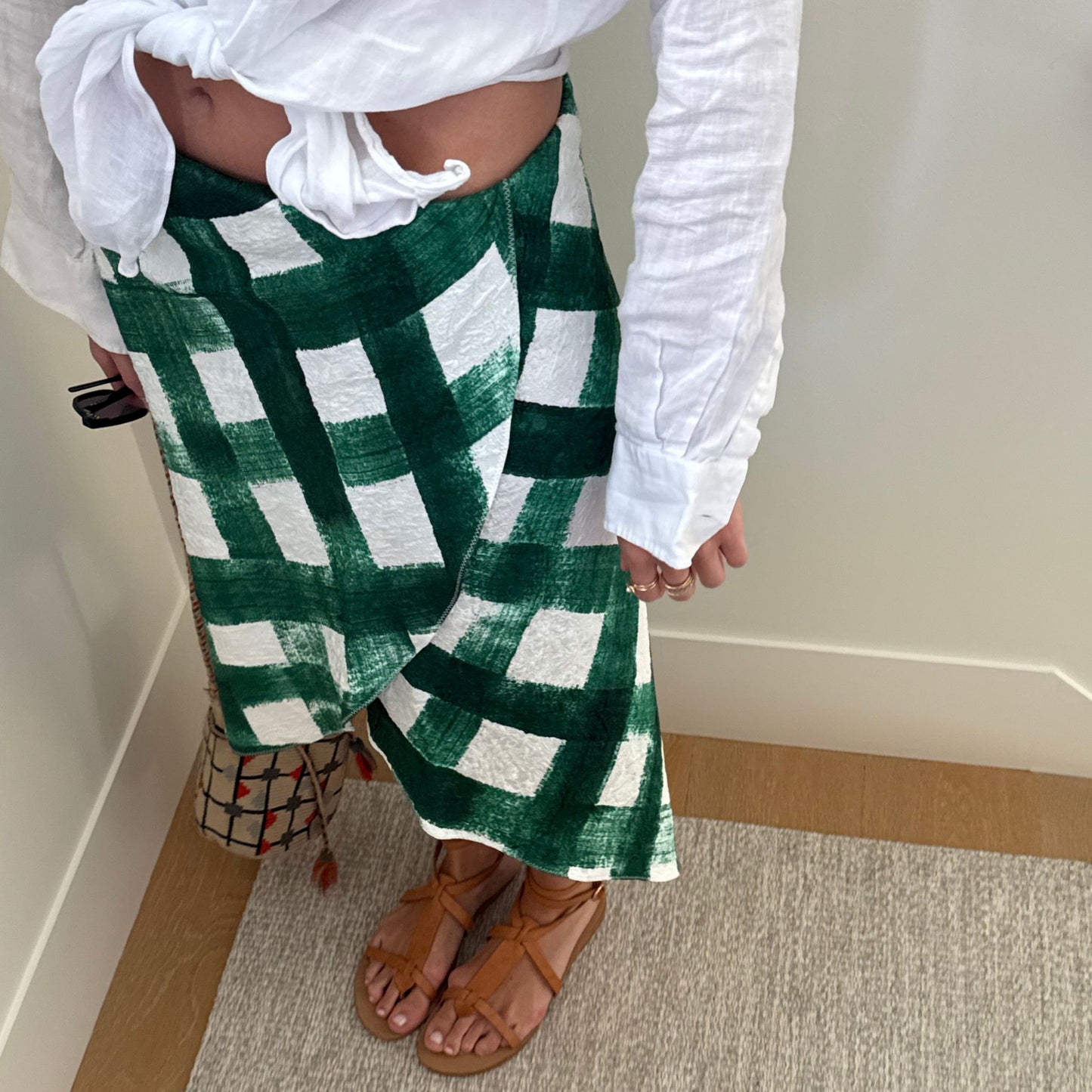 Martha Skirt in Green Gingham Silky Brocade