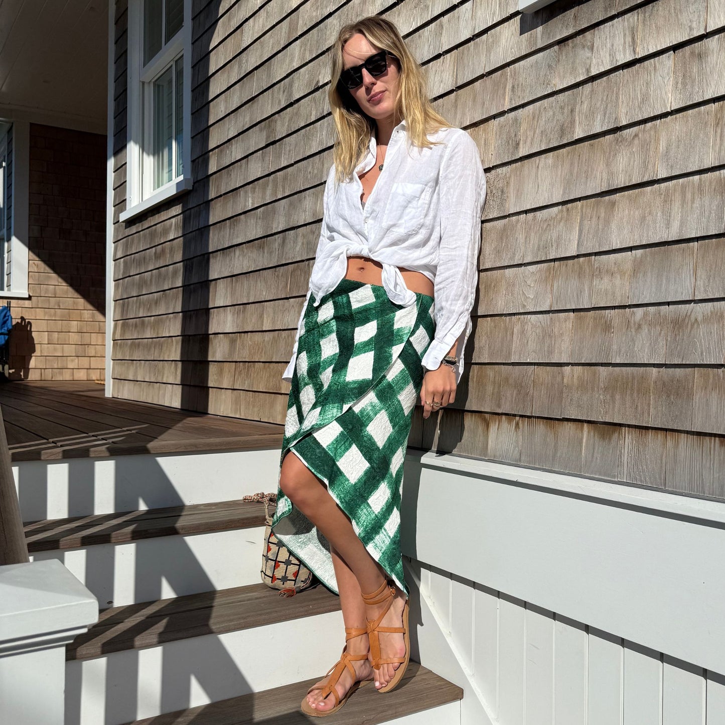 Martha Skirt in Green Gingham Silky Brocade