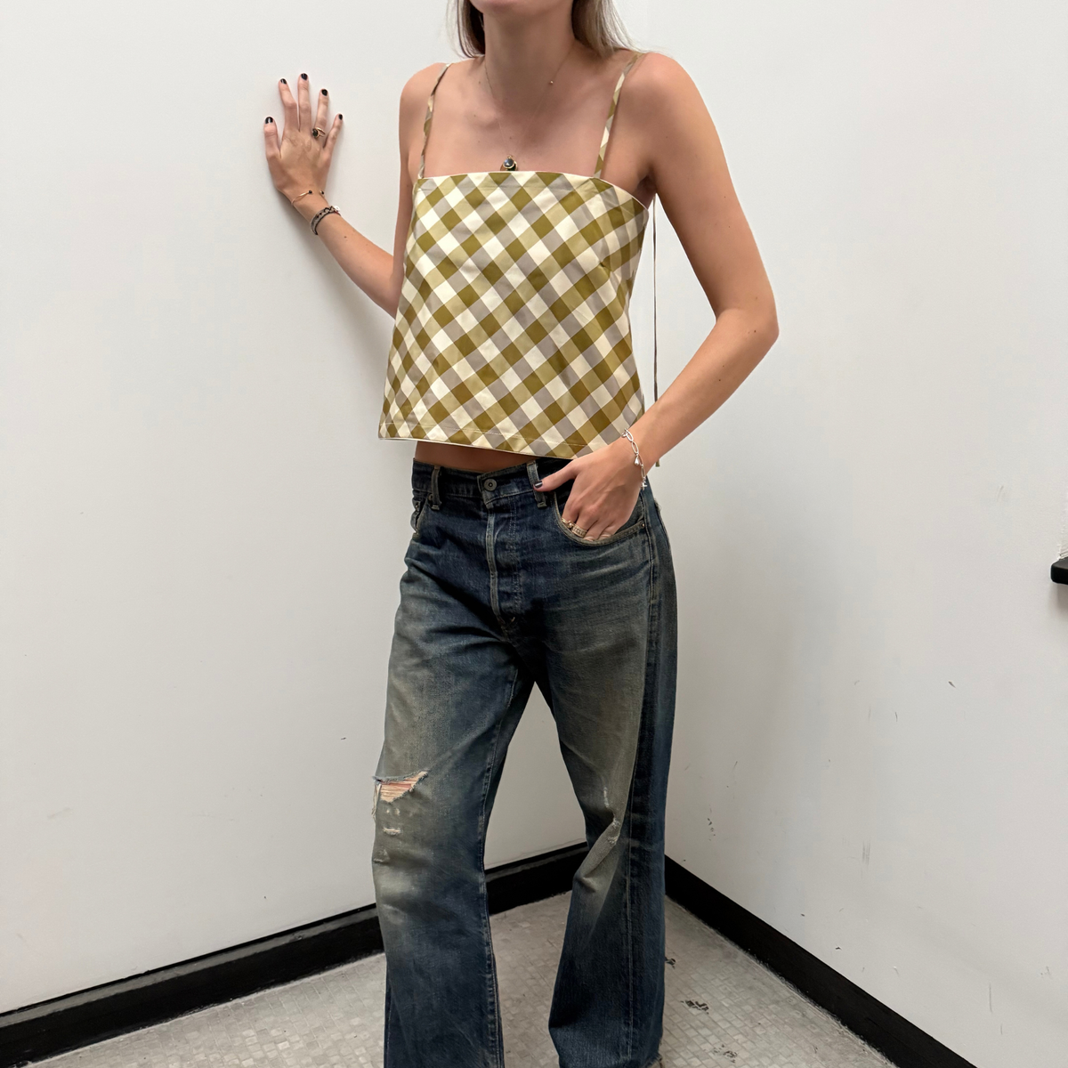 The Bitsy Tank in Olive & Cream Gingham