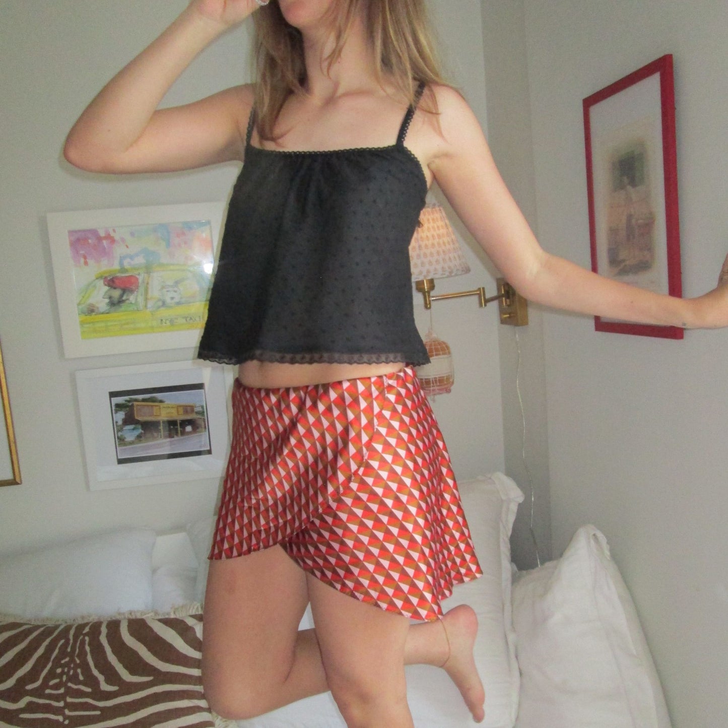 Martha Skirt in Orange, Brown, and Blush Geometric Silk Charmeuse
