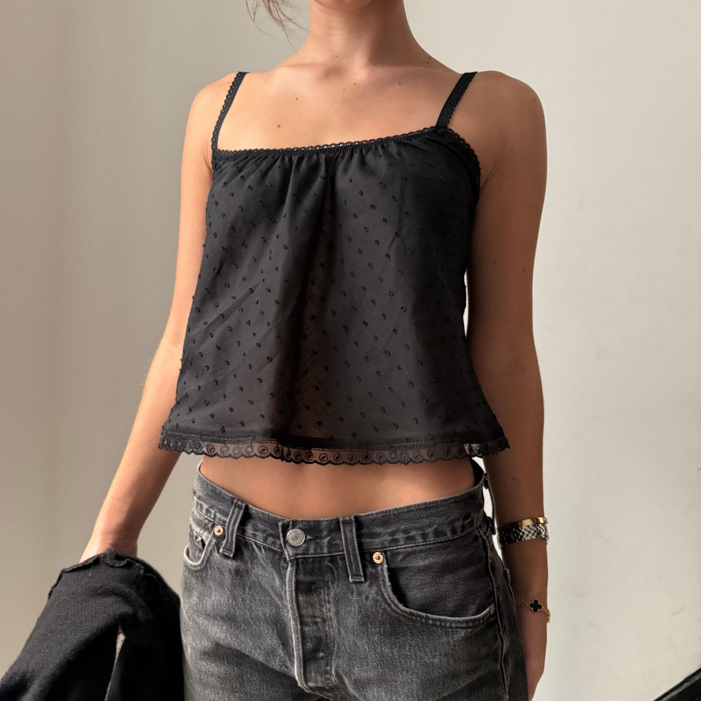 The Perfect Tank in Black Swiss Dot and Lace Trim