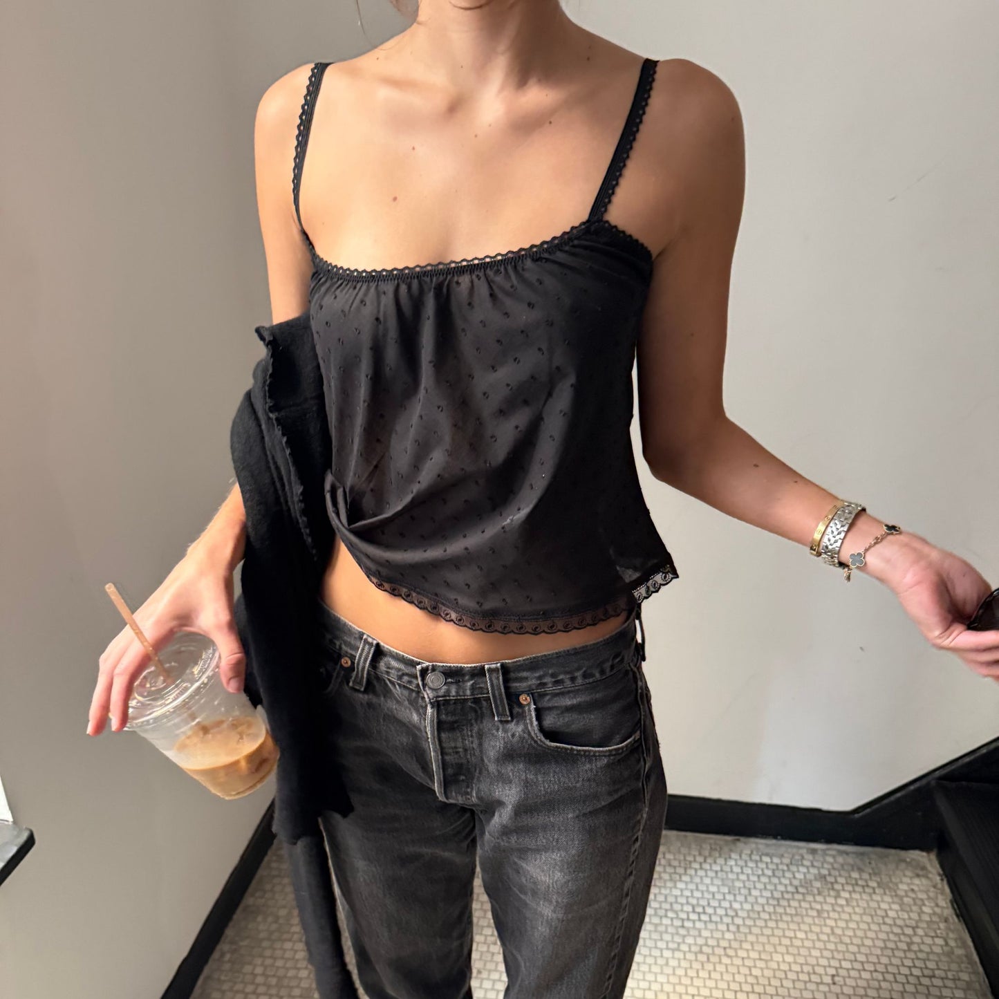 The Perfect Tank in Black Swiss Dot and Lace Trim