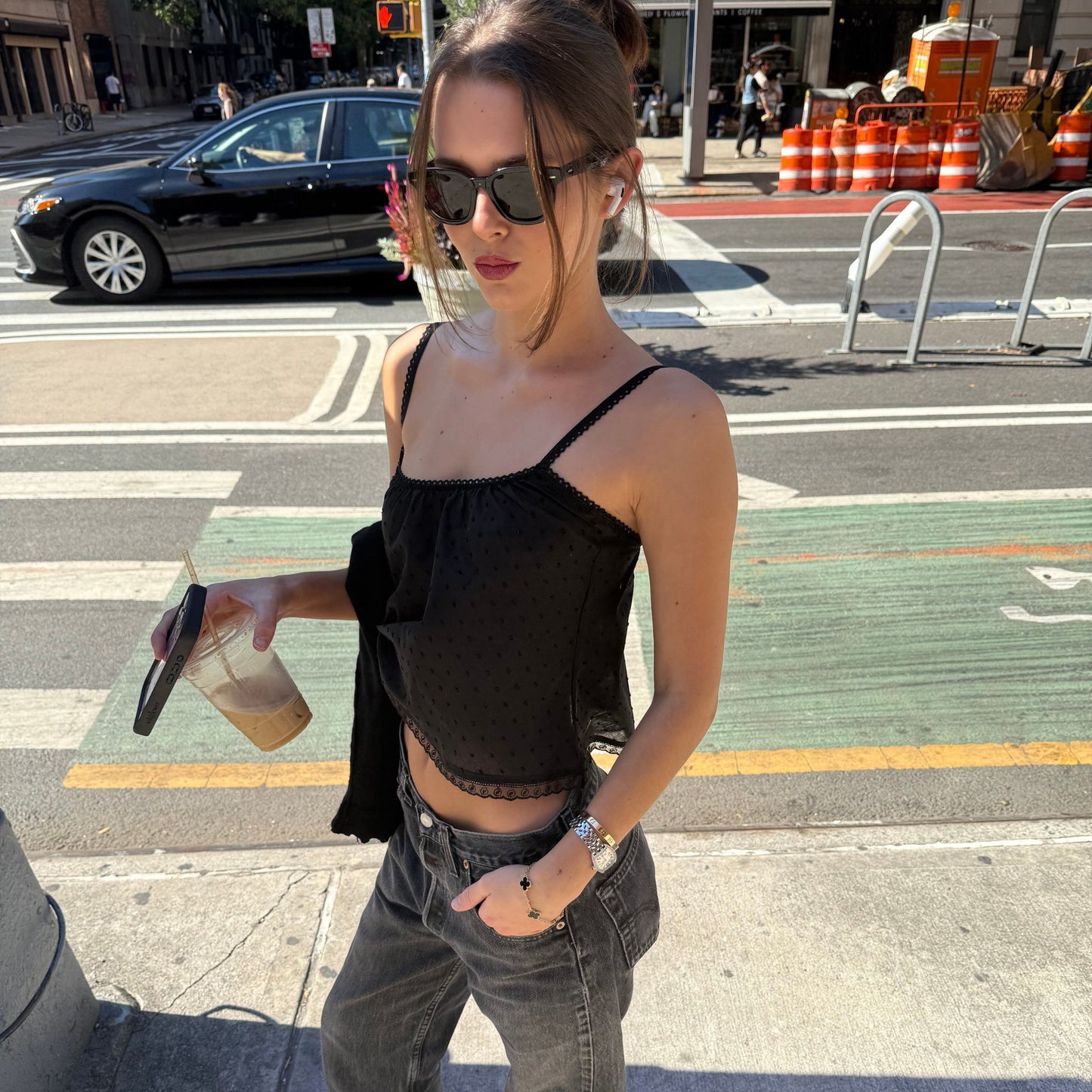 The Perfect Tank in Black Swiss Dot and Lace Trim