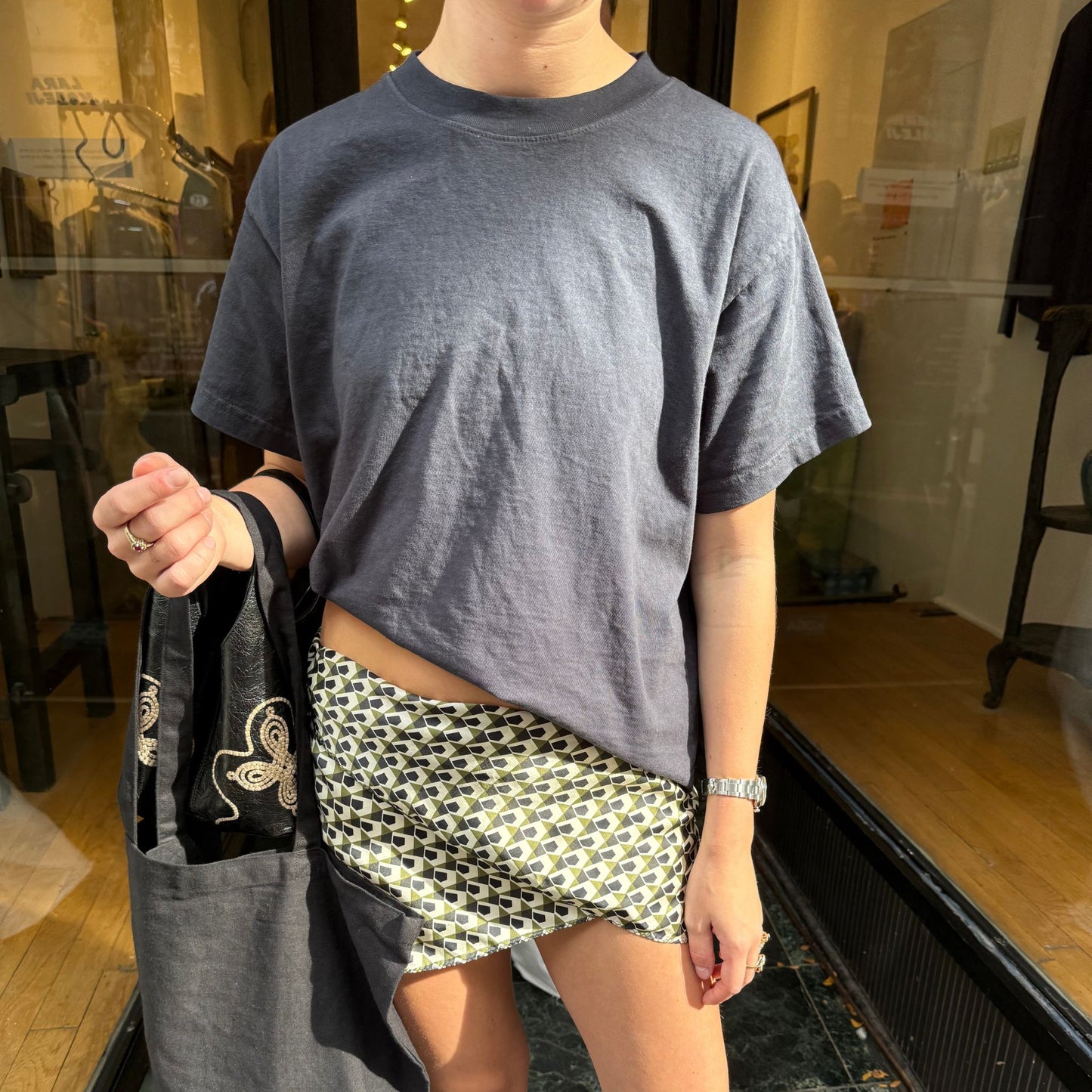 Martha Skirt in Black, Green, and White Geometric Silk Charmeuse