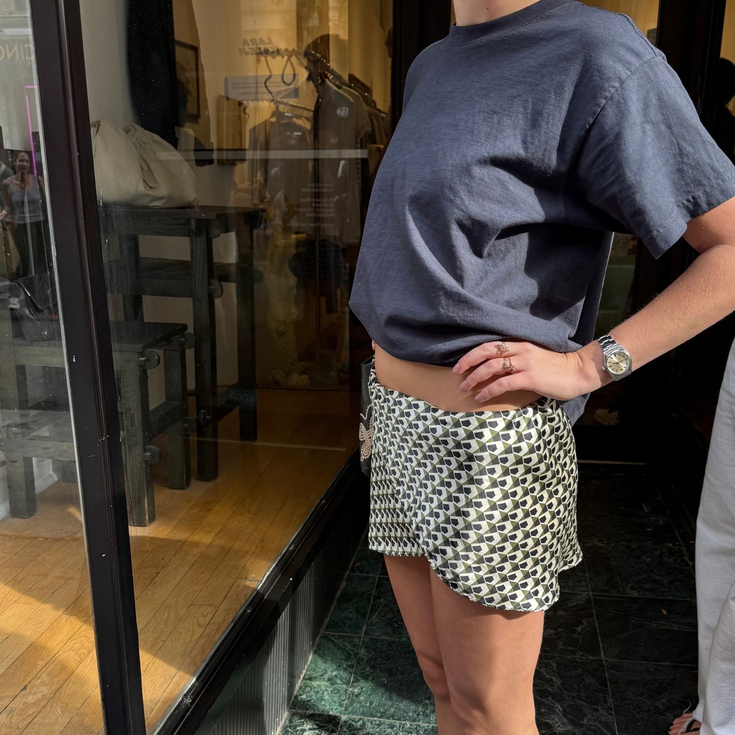 Martha Skirt in Black, Green, and White Geometric Silk Charmeuse