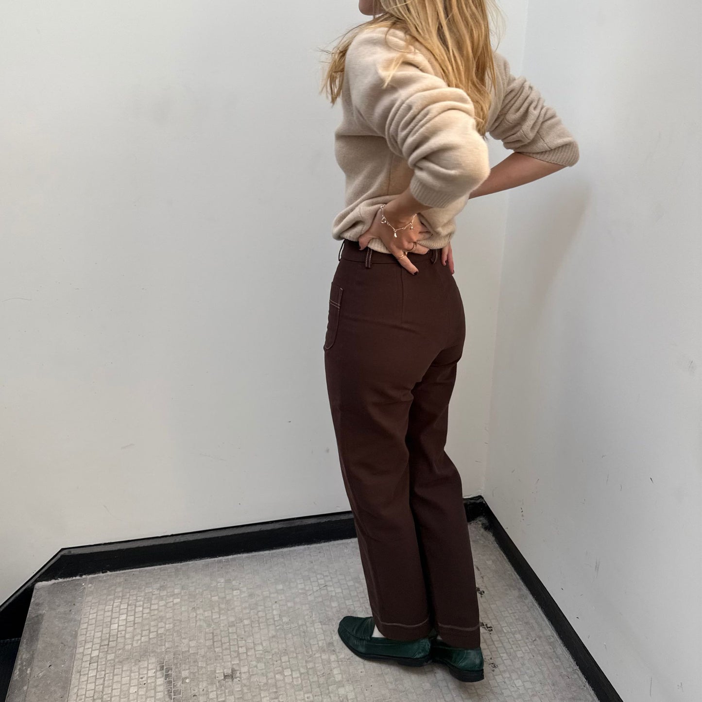 The Perfect Trouser in Brown Twill with Ivory Stitching