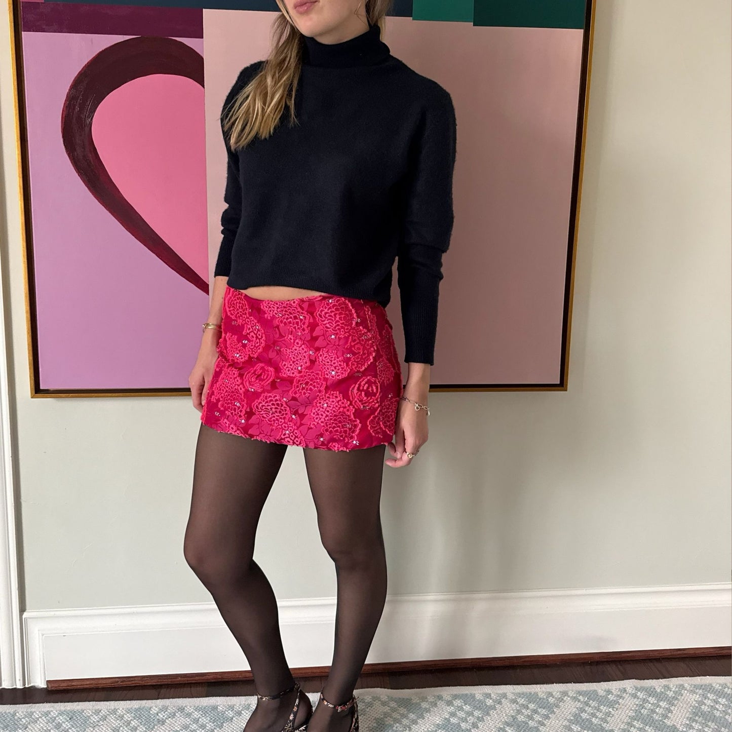 Ava Mini Skirt in Pink Silk Jacquard