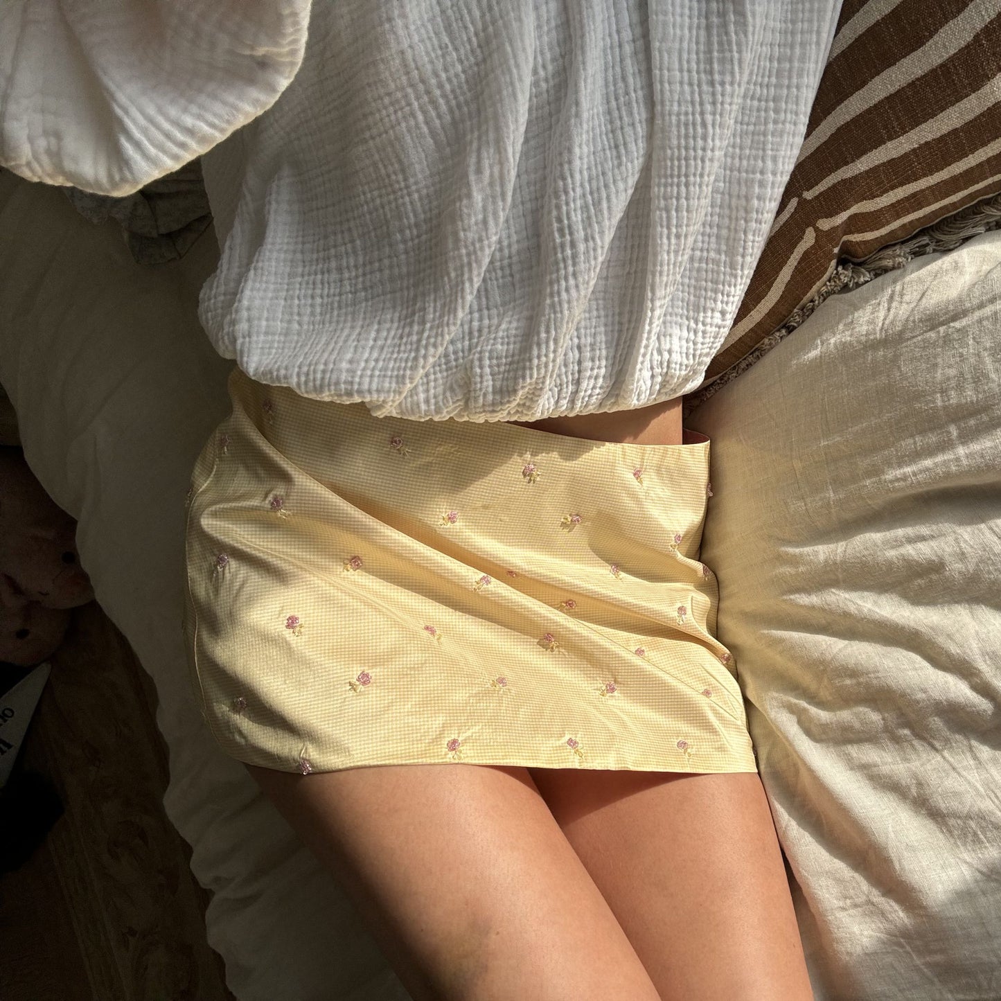 The Ava Mini Skirt in Beaded Yellow Taffeta