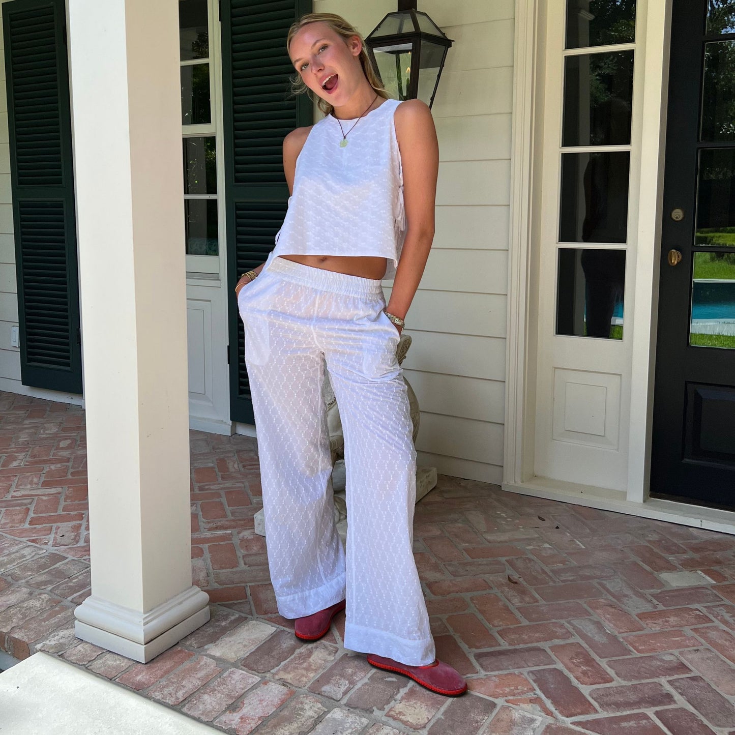 Elastic Pant in White Eyelet