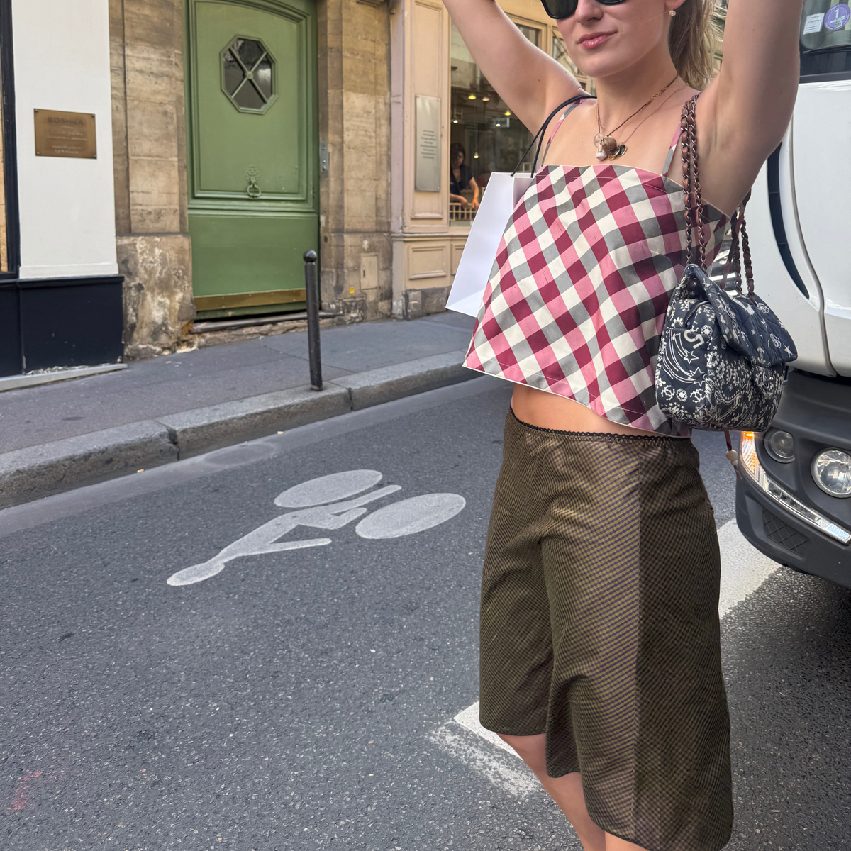 The Carey Skirt in Moss & Purple Gingham Taffeta