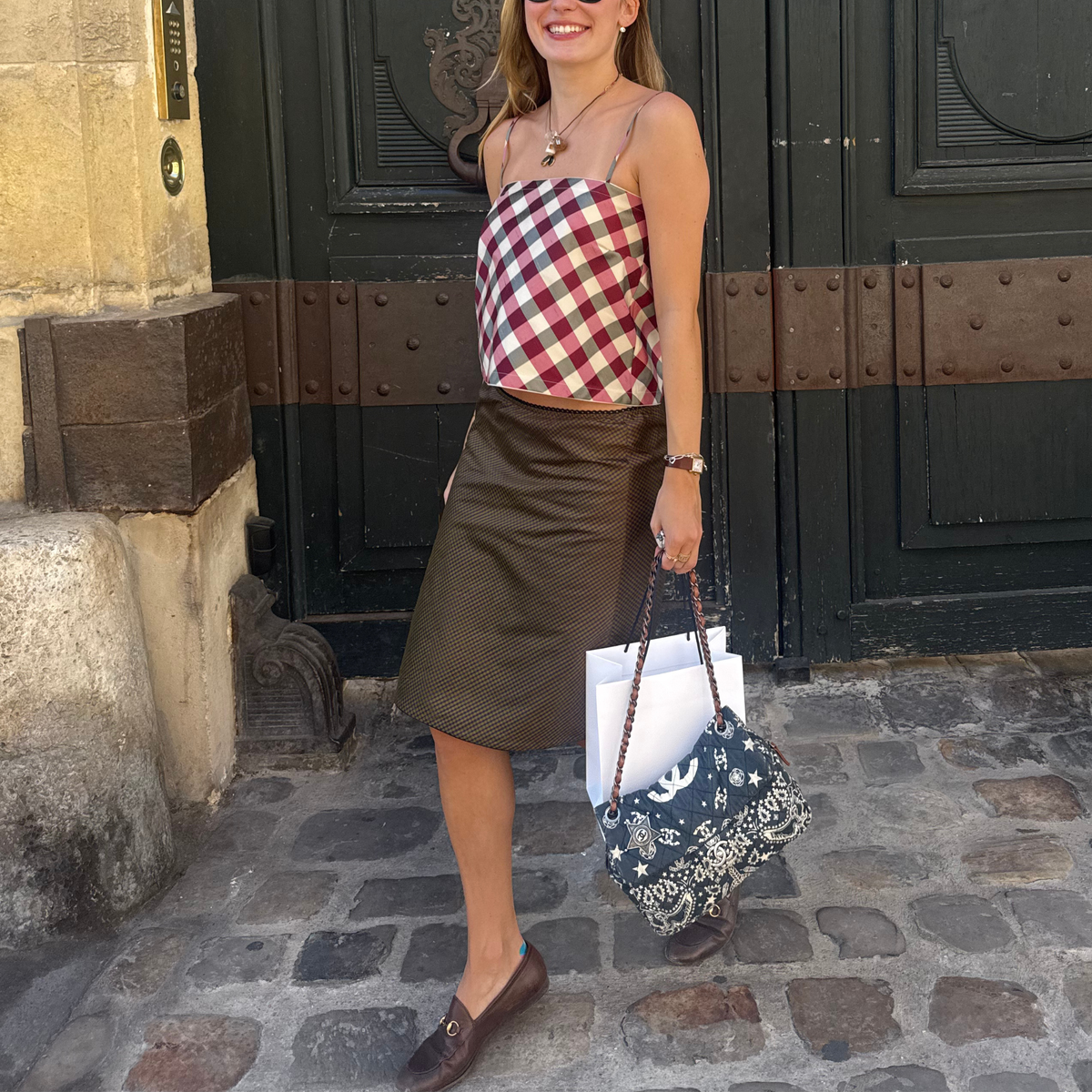 The Carey Skirt in Moss & Purple Gingham Taffeta