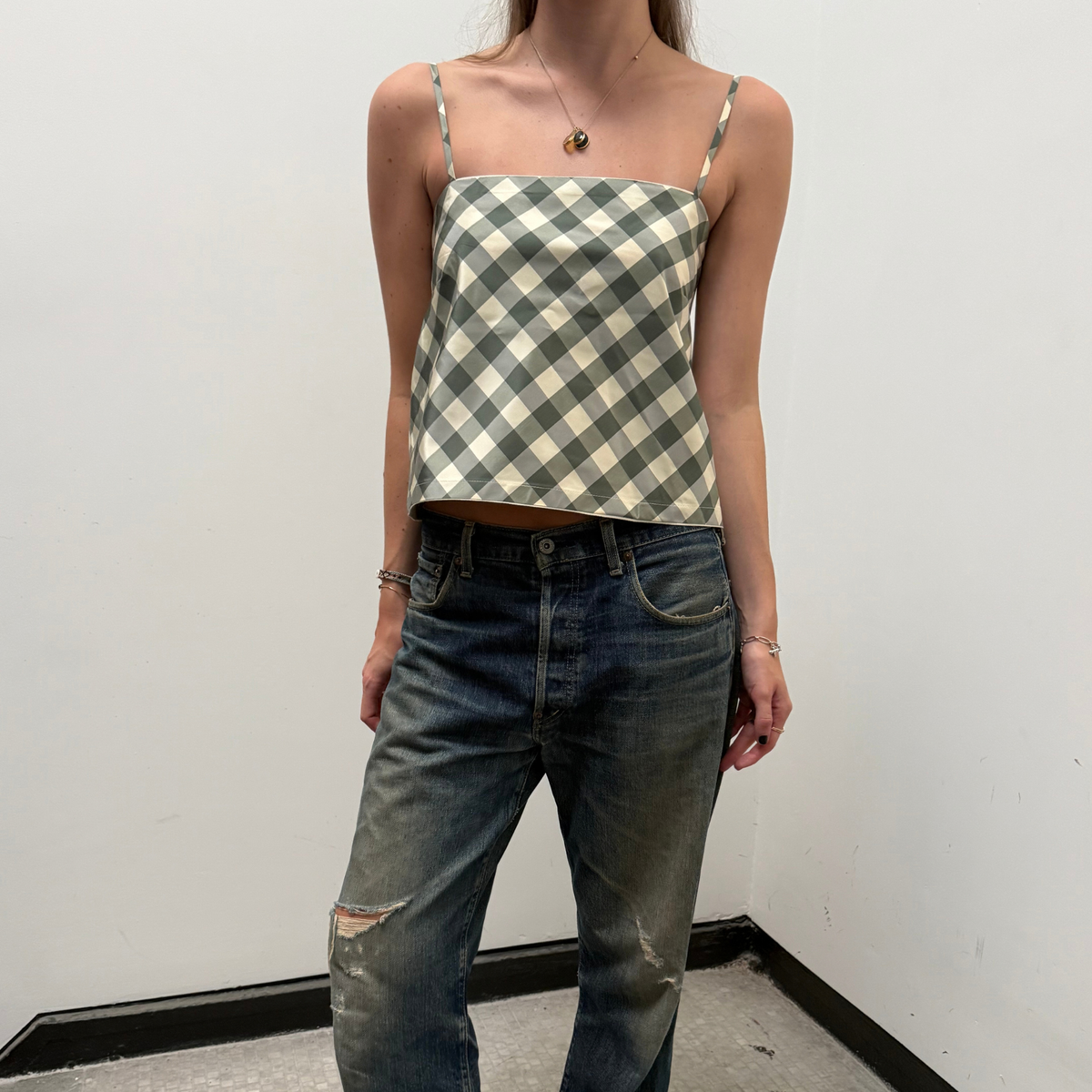 The Bitsy Tank in Hunter Green Gingham Taffeta