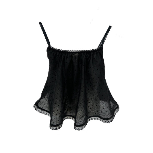 The Perfect Tank in Black Swiss Dot and Lace Trim