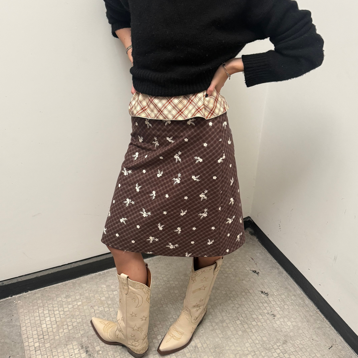 The Carey Skirt in Embroidered Chocolate Brown Plaid