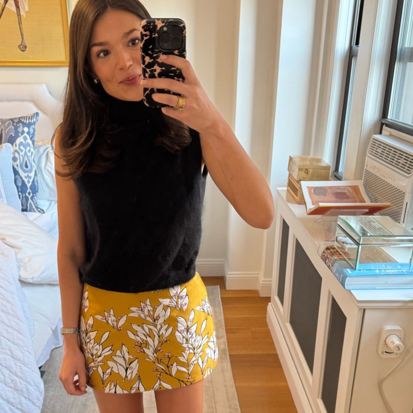 Ava Mini Skirt in Yellow Jacquard with Pink Berries