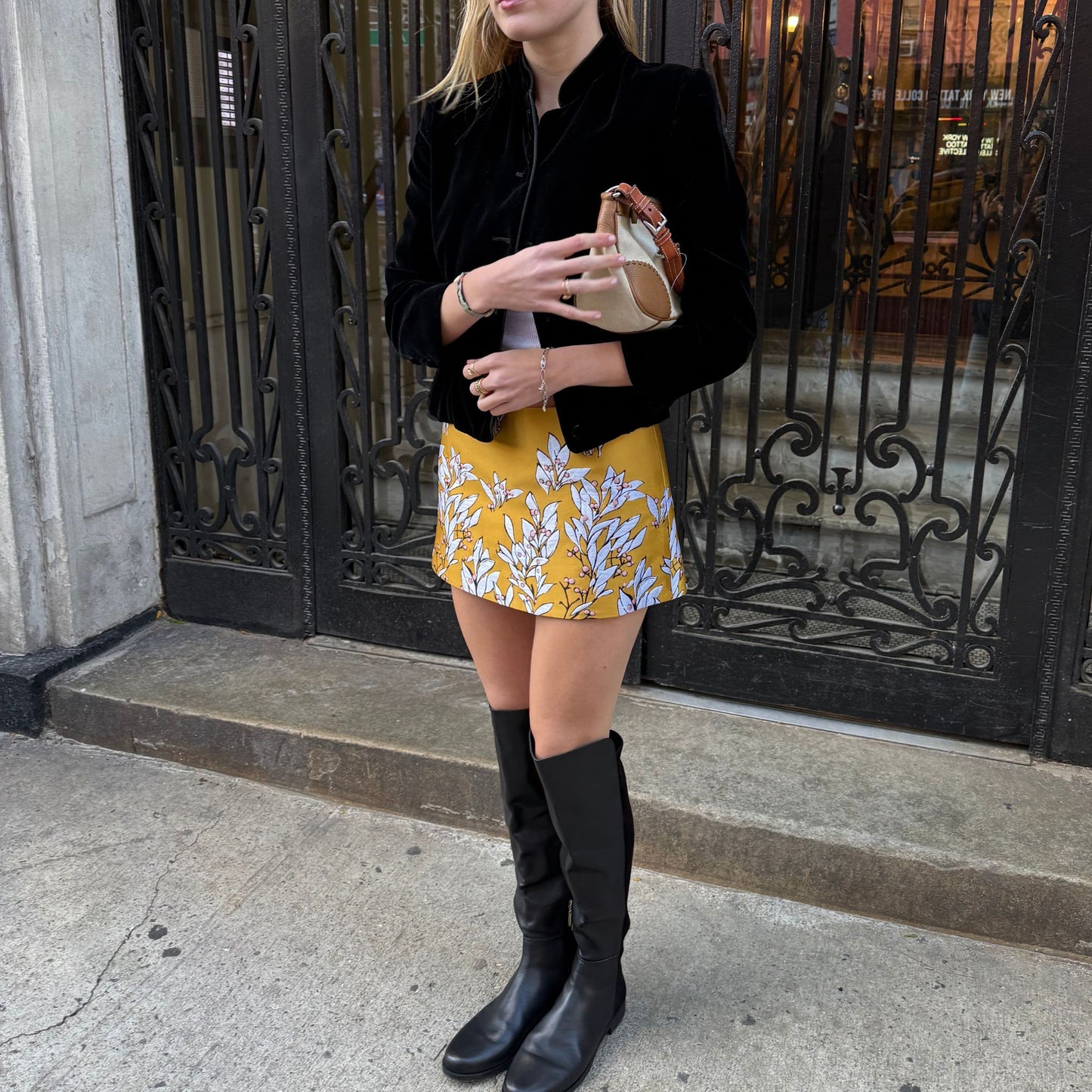 Ava Mini Skirt in Yellow Jacquard with Pink Berries