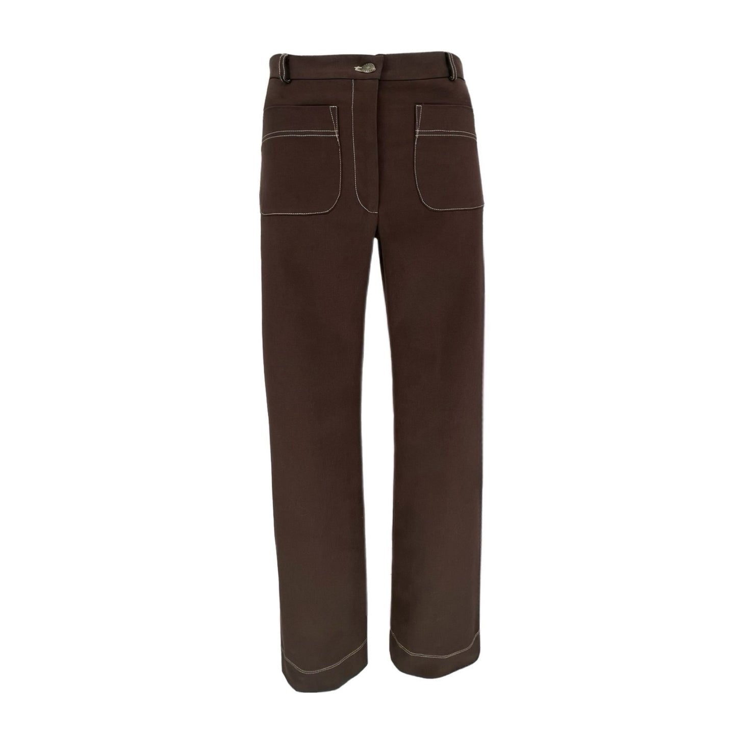 The Perfect Trouser in Brown Twill with Ivory Stitching