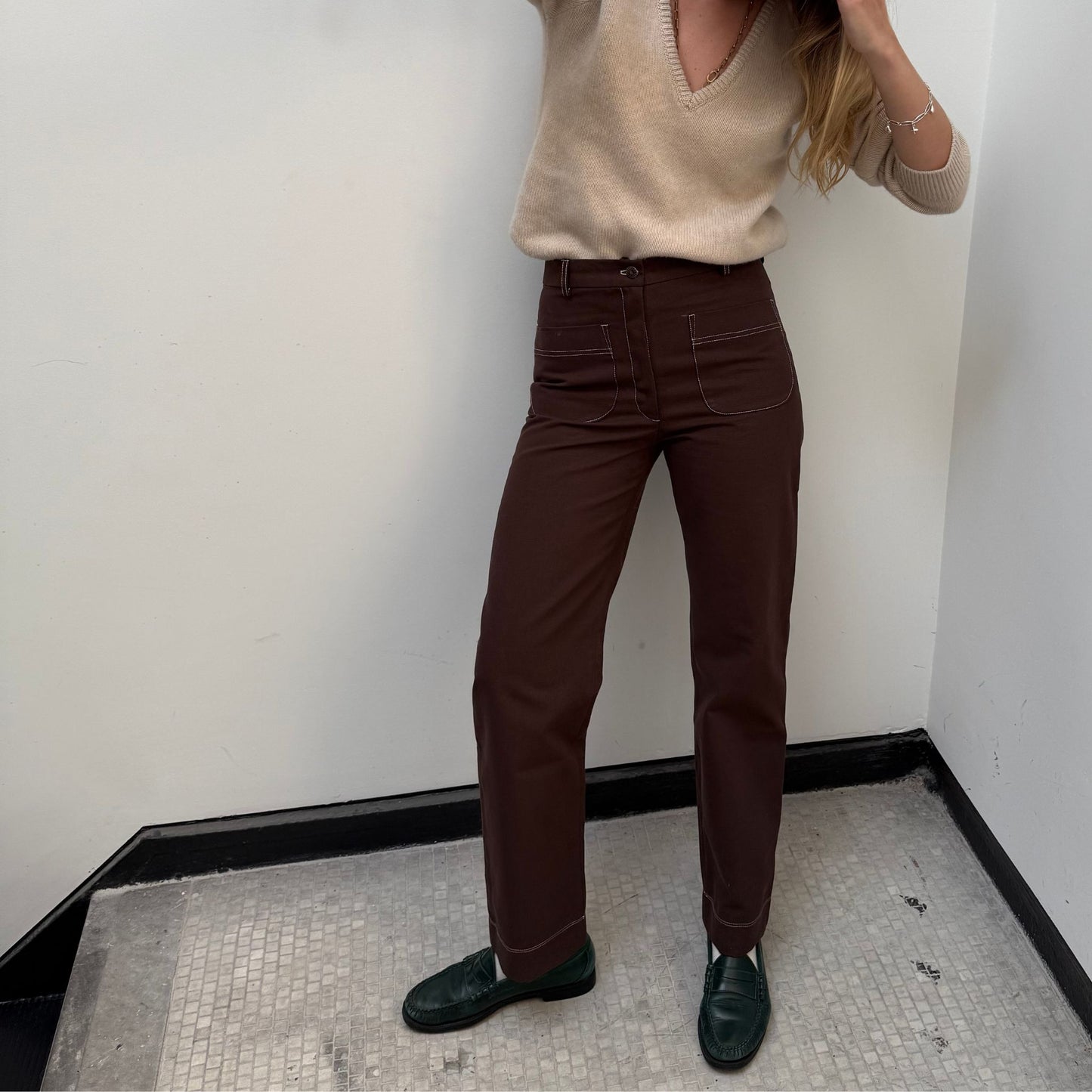 The Perfect Trouser in Brown Twill with Ivory Stitching