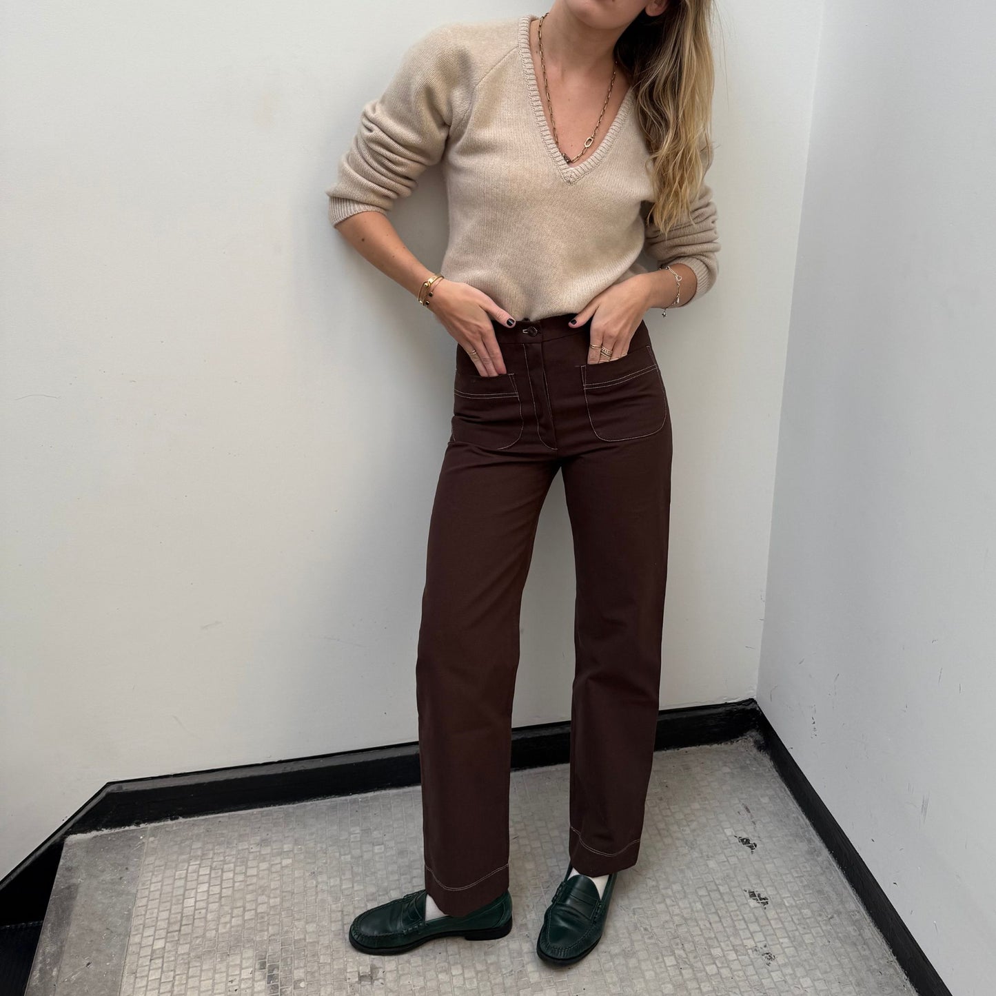 The Perfect Trouser in Brown Twill with Ivory Stitching