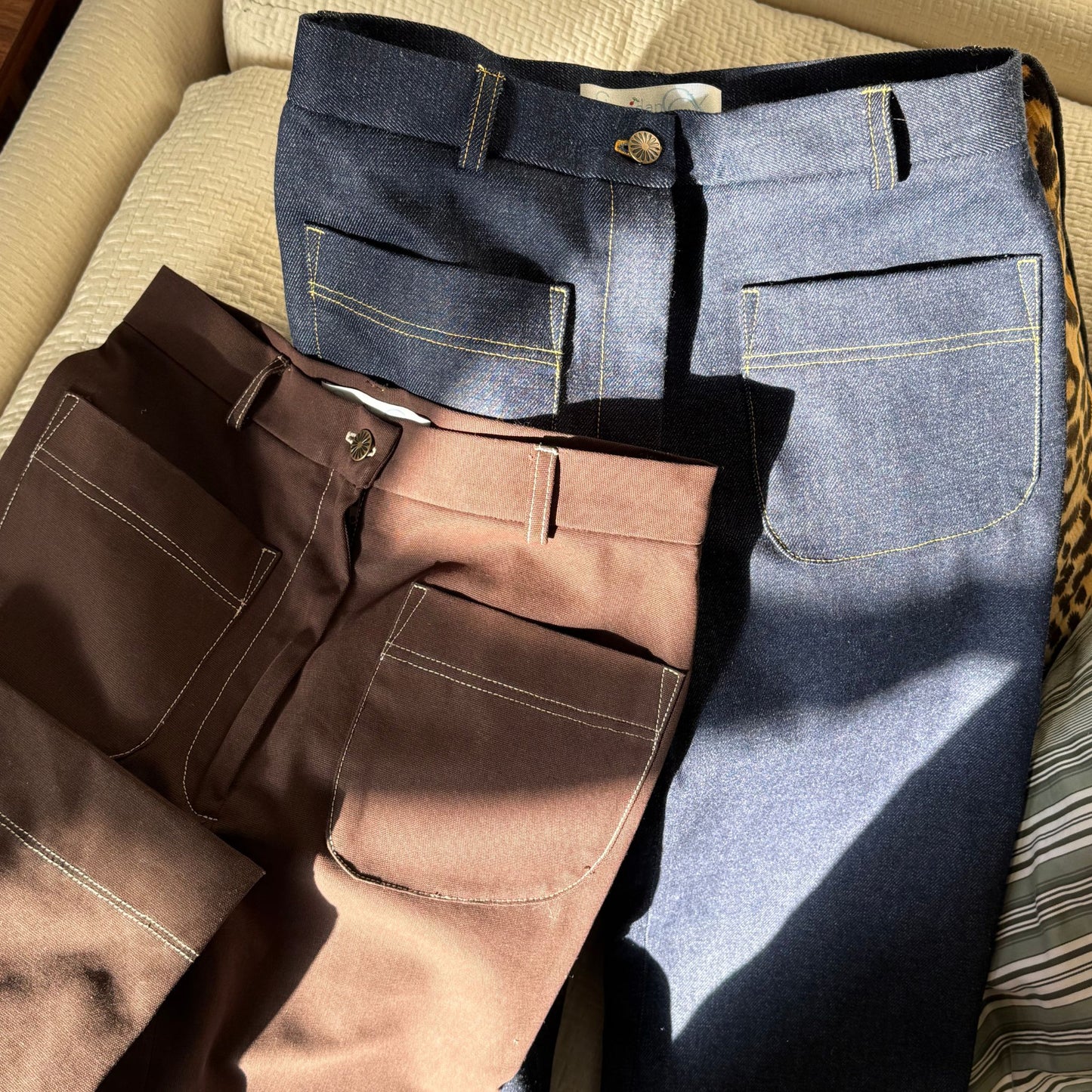 The Perfect Trouser in Brown Twill with Ivory Stitching