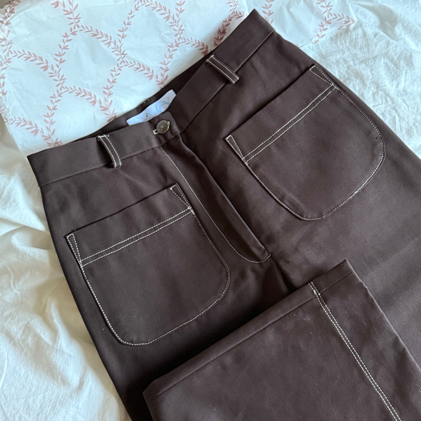 The Perfect Trouser in Brown Twill with Ivory Stitching