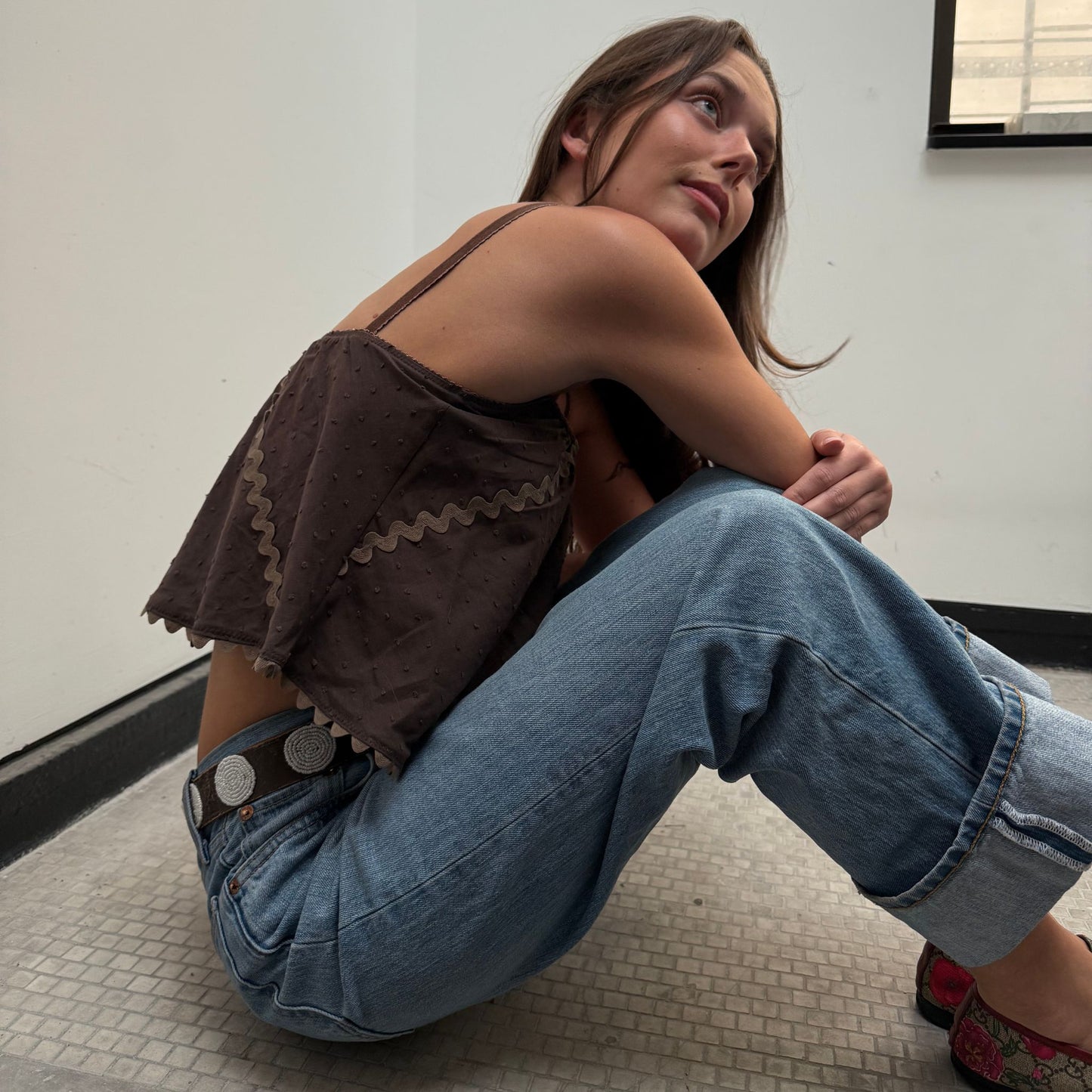 The Perfect Tank in Brown Swiss Dot Cotton With Ric Rack