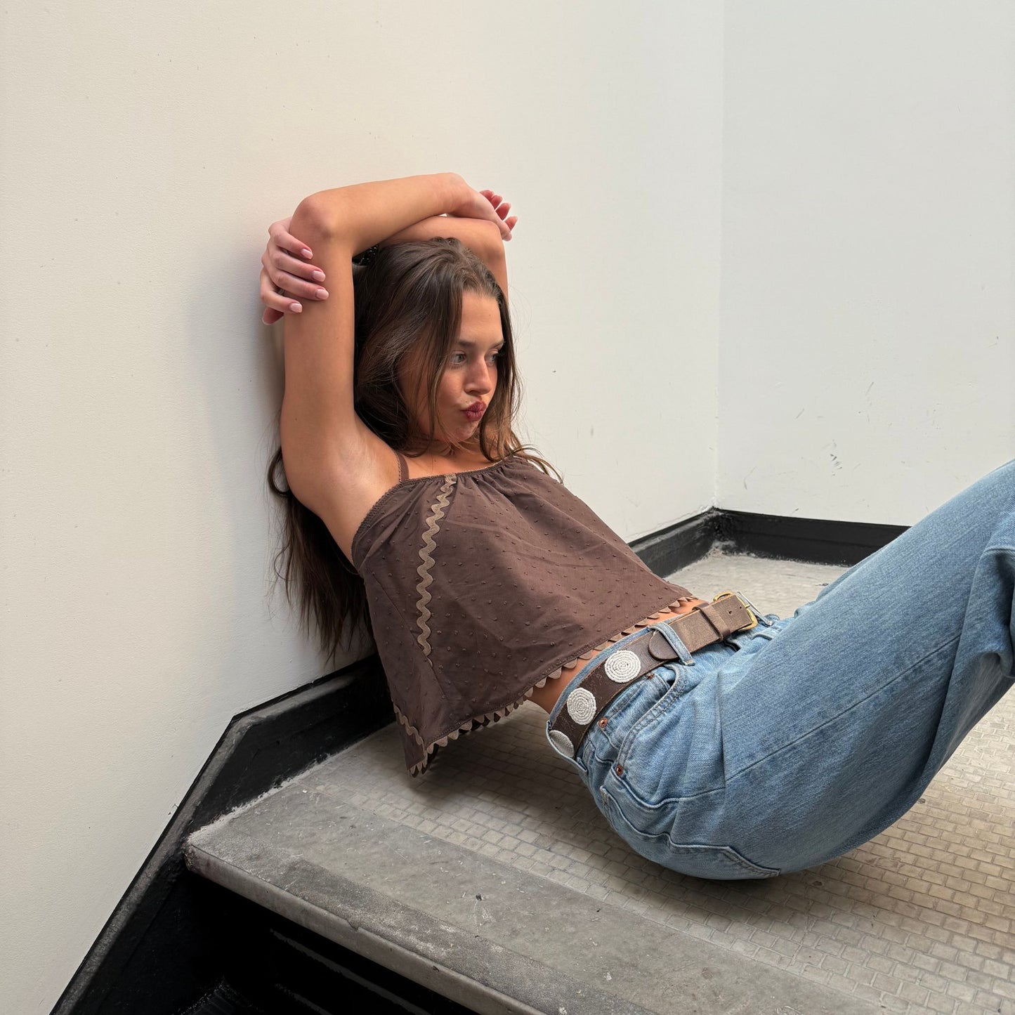 The Perfect Tank in Brown Swiss Dot Cotton With Ric Rack