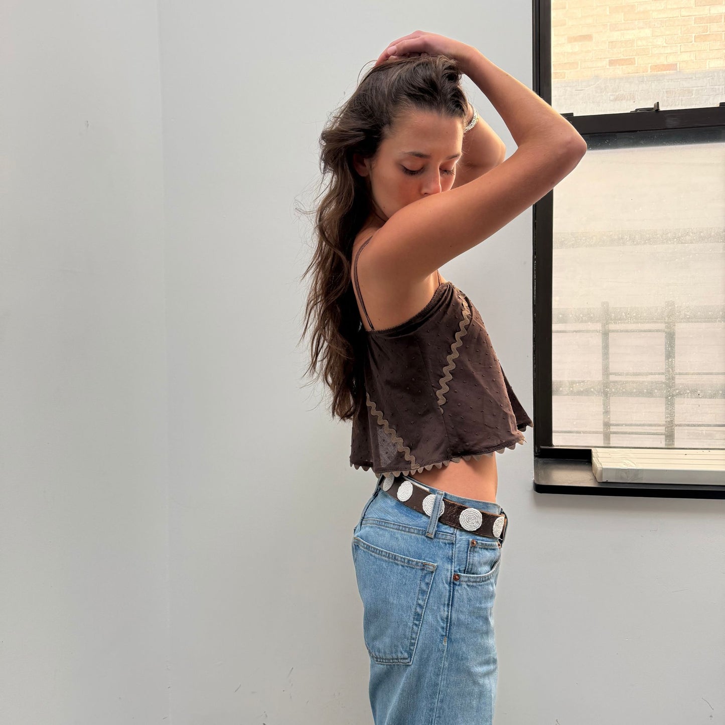 The Perfect Tank in Brown Swiss Dot Cotton With Ric Rack