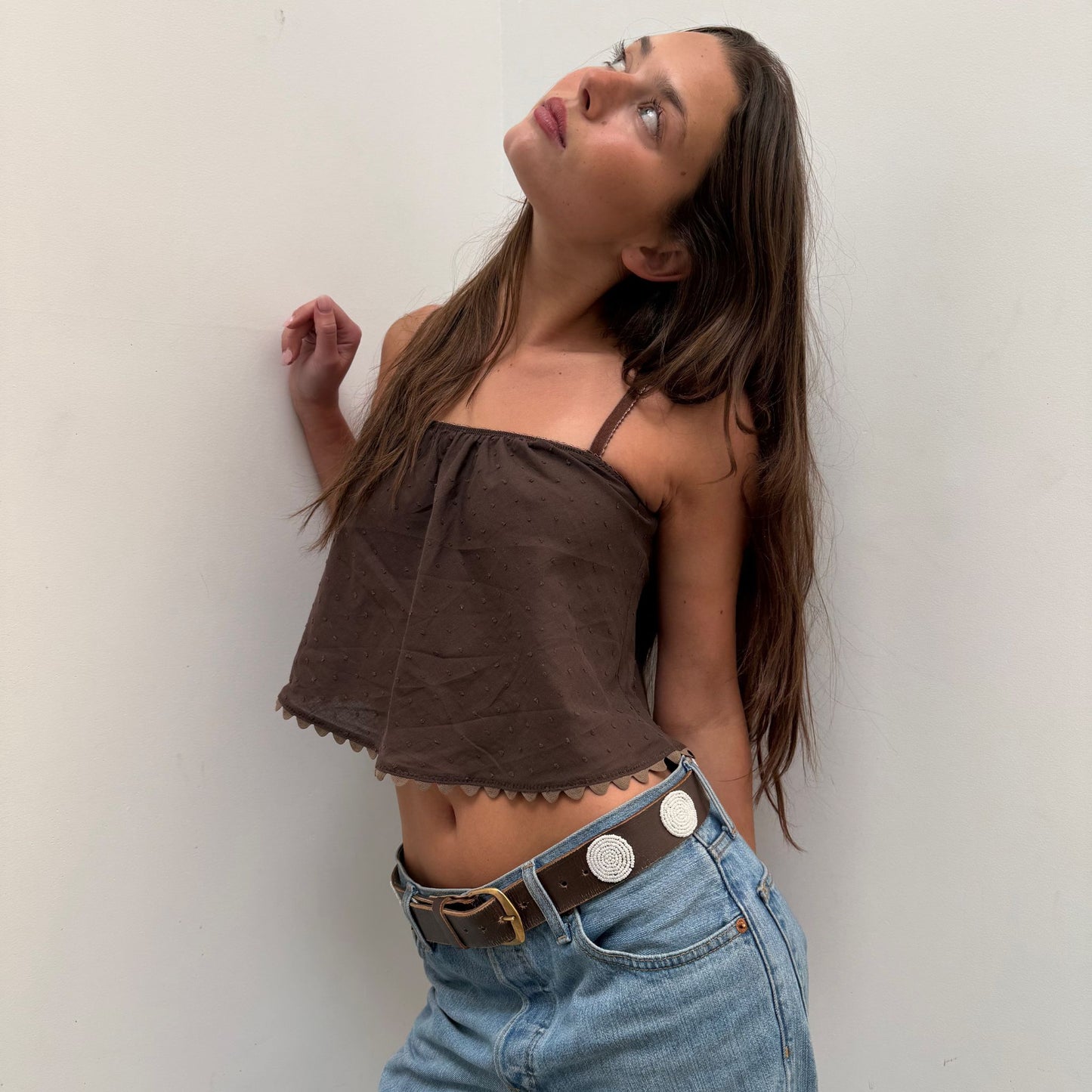 The Perfect Tank in Brown Swiss Dot Cotton With Ric Rack