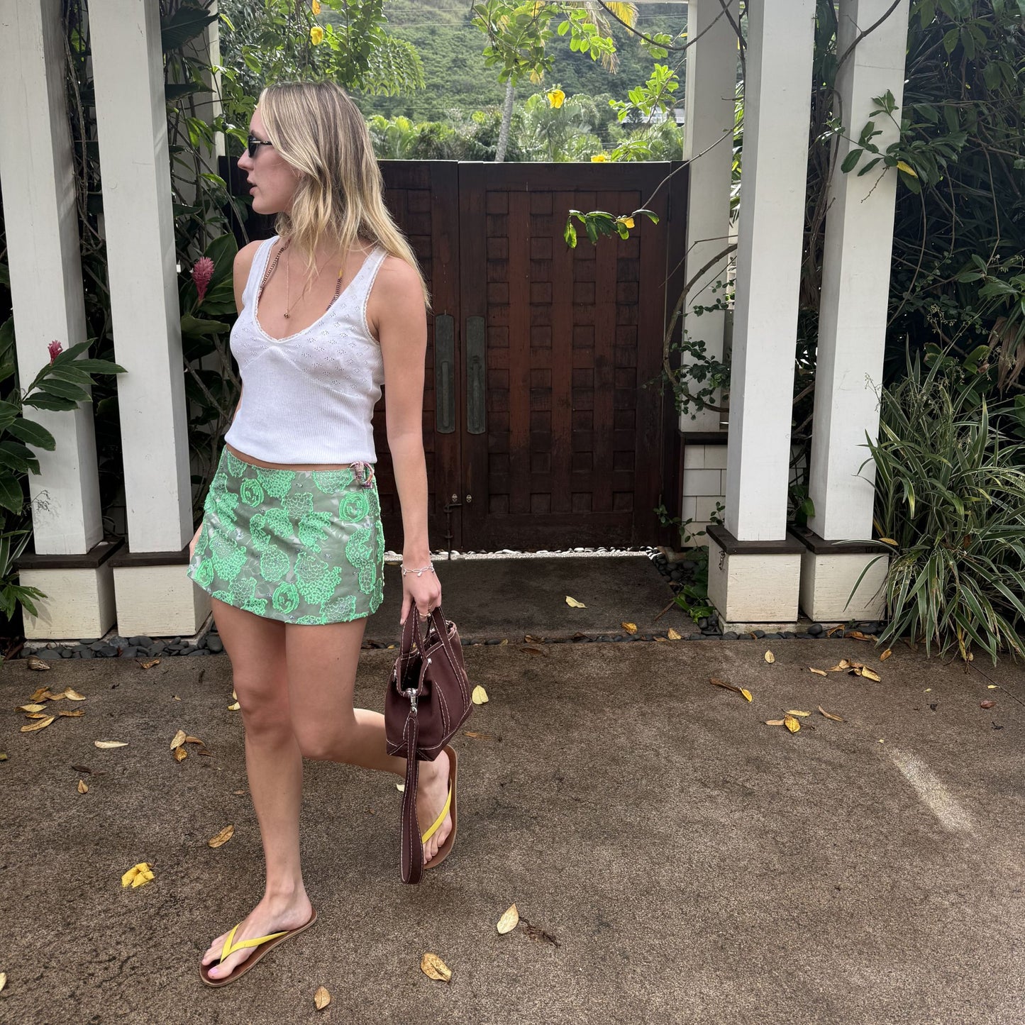 Ava Mini Skirt in Green Silk Jacquard