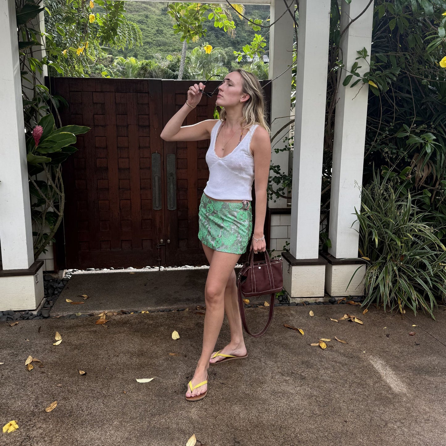 Ava Mini Skirt in Green Silk Jacquard