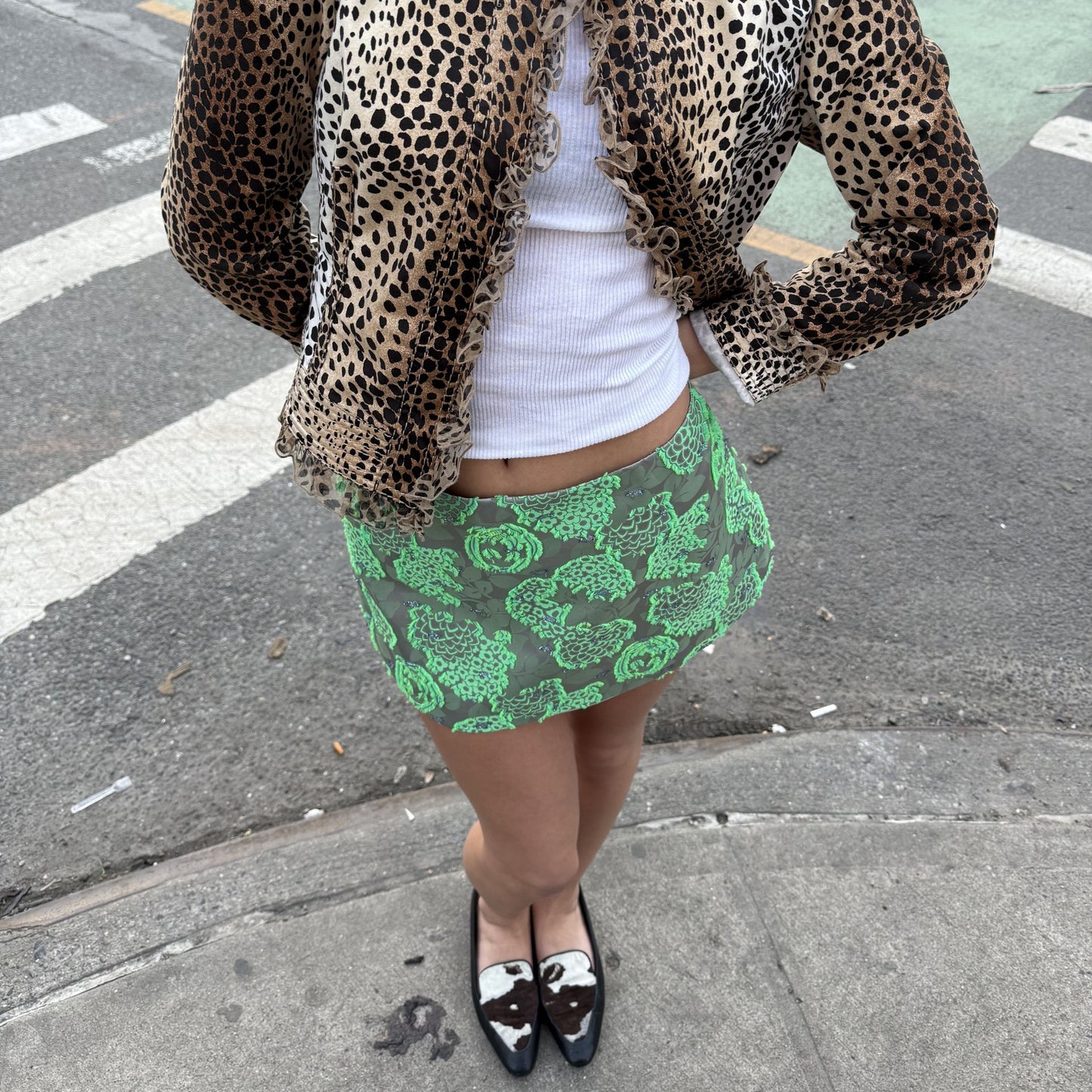 Ava Mini Skirt in Green Silk Jacquard