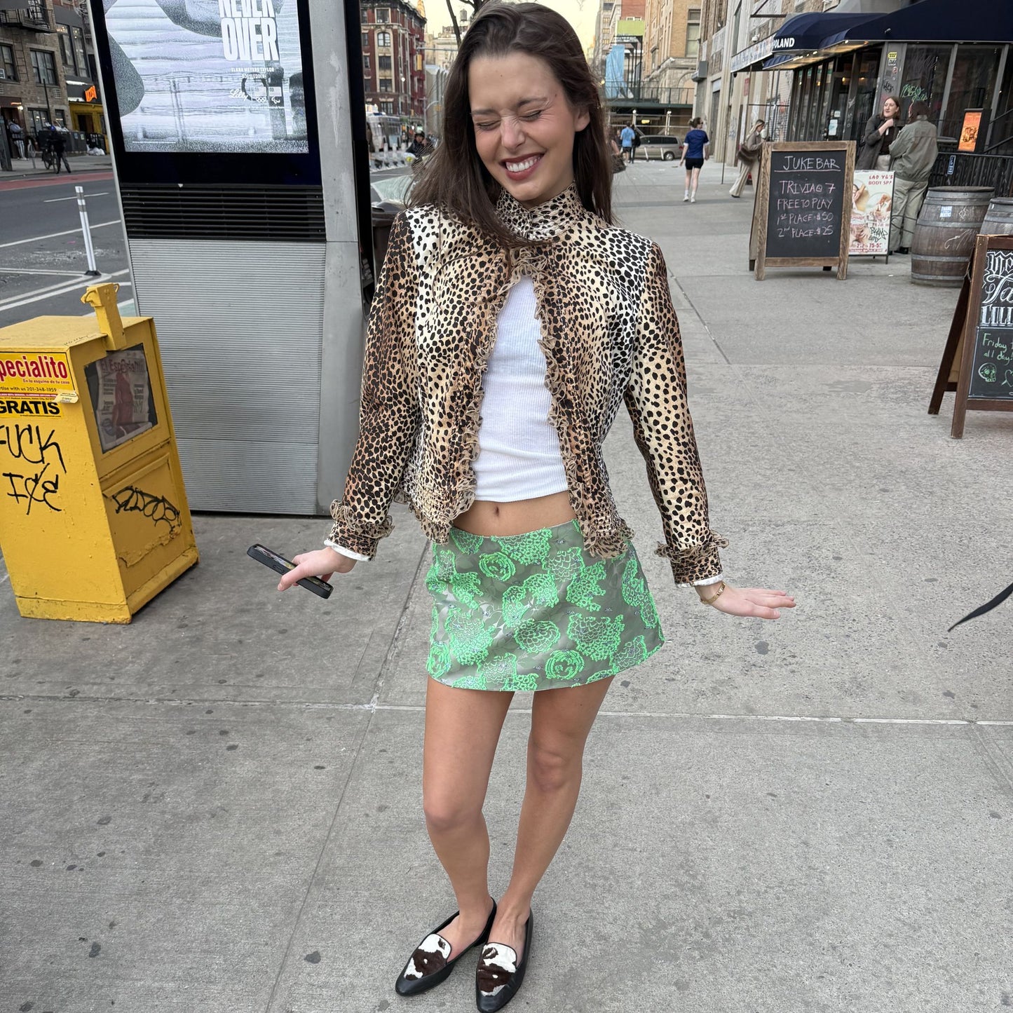 Ava Mini Skirt in Green Silk Jacquard