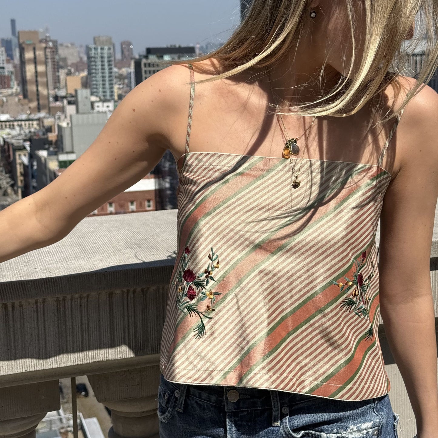 The Bitsy Tank in Floral Embroidery Peach Taffeta