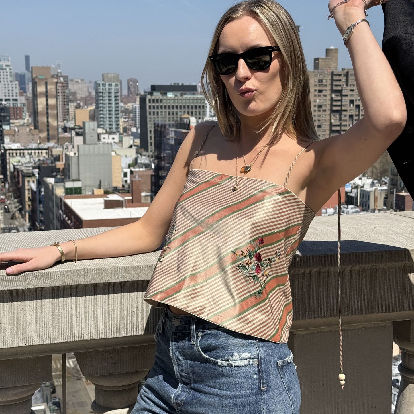 The Bitsy Tank in Floral Embroidery Peach Taffeta