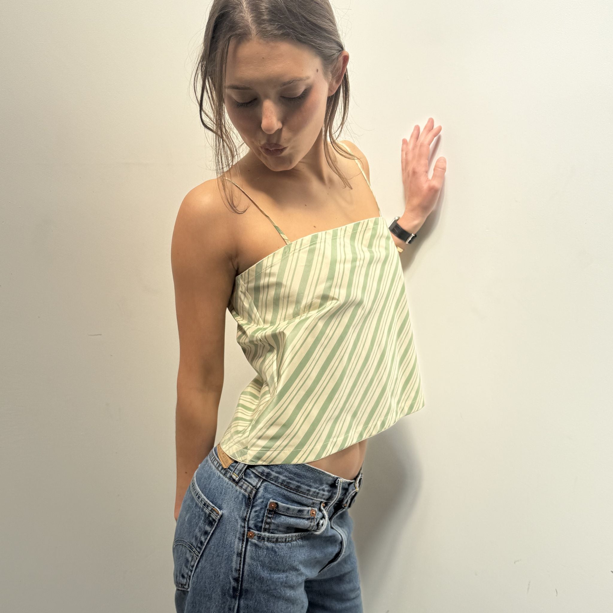 tani The Bitsy Tank in Green Stripe Taffeta – Sheridan and Tish Cox
