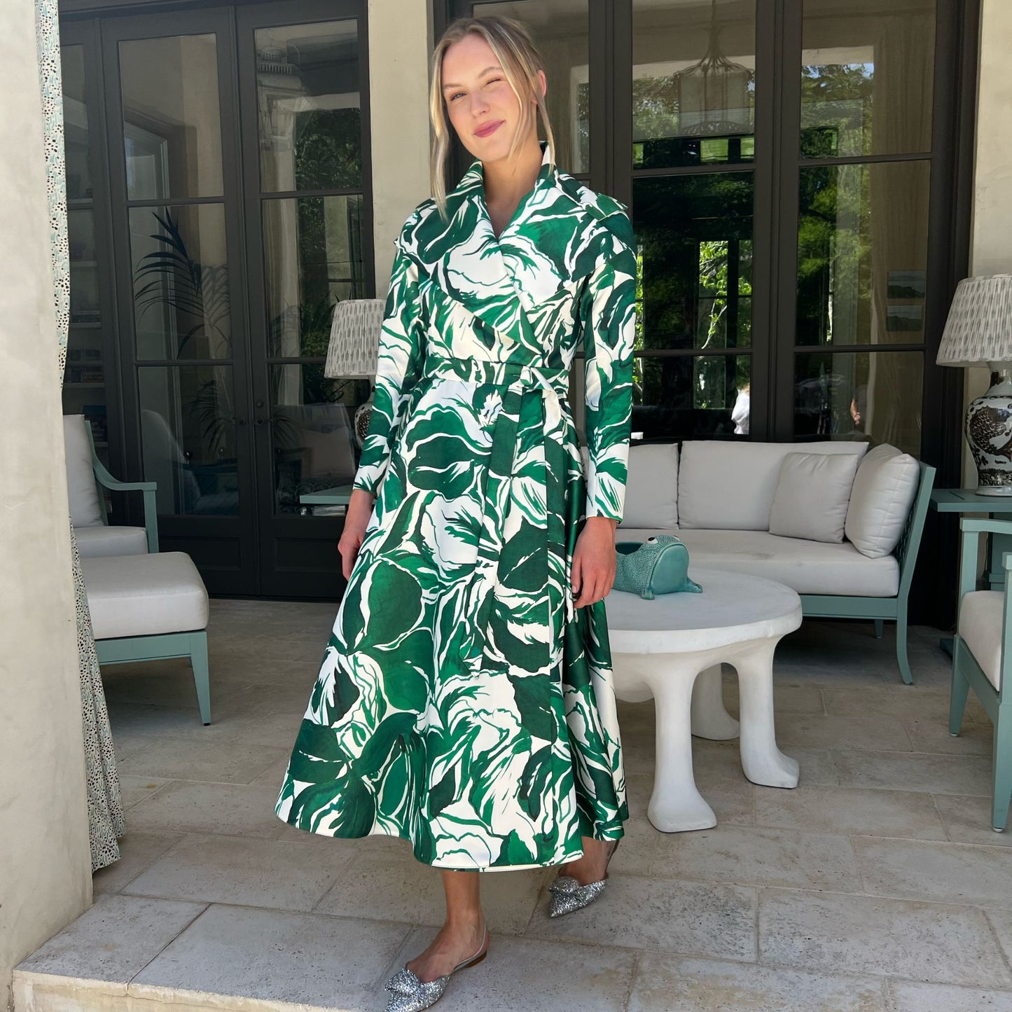 The Carey Dress in Painted Emerald Satin