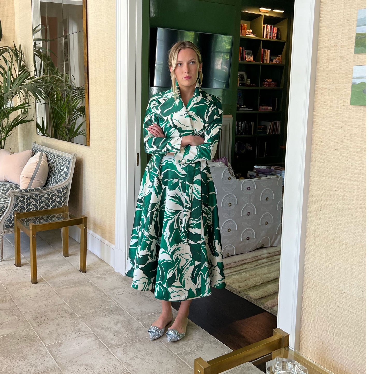 The Carey Dress in Painted Emerald Satin
