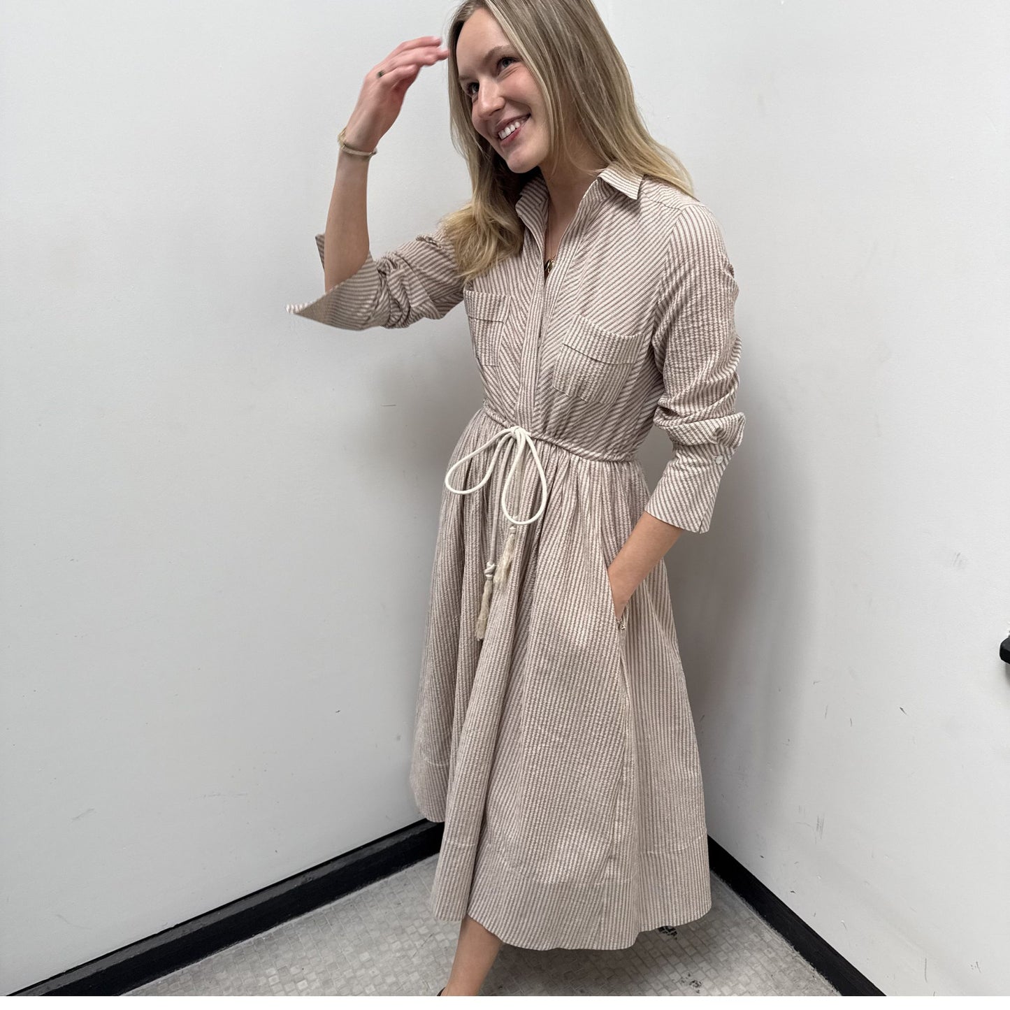 The Rope Dress in Cinnamon Seersucker