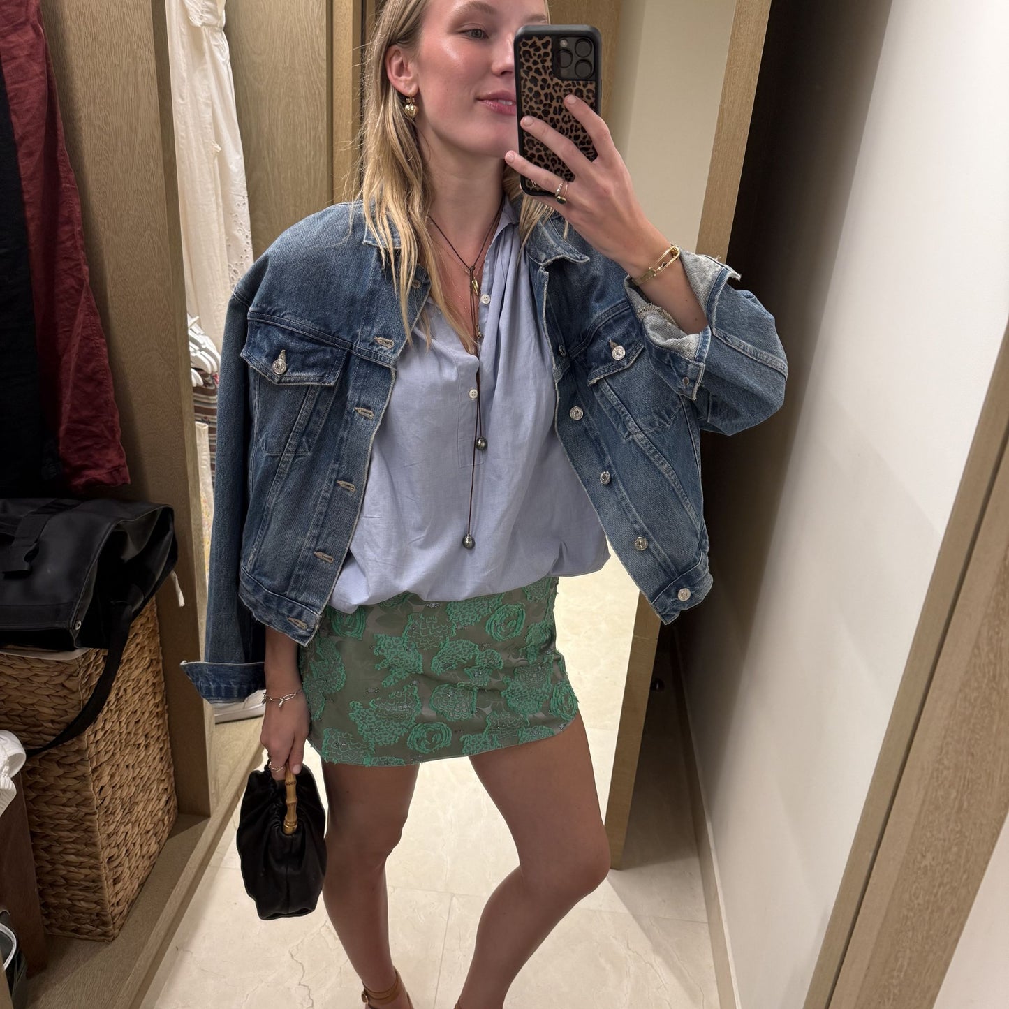 Ava Mini Skirt in Green Silk Jacquard