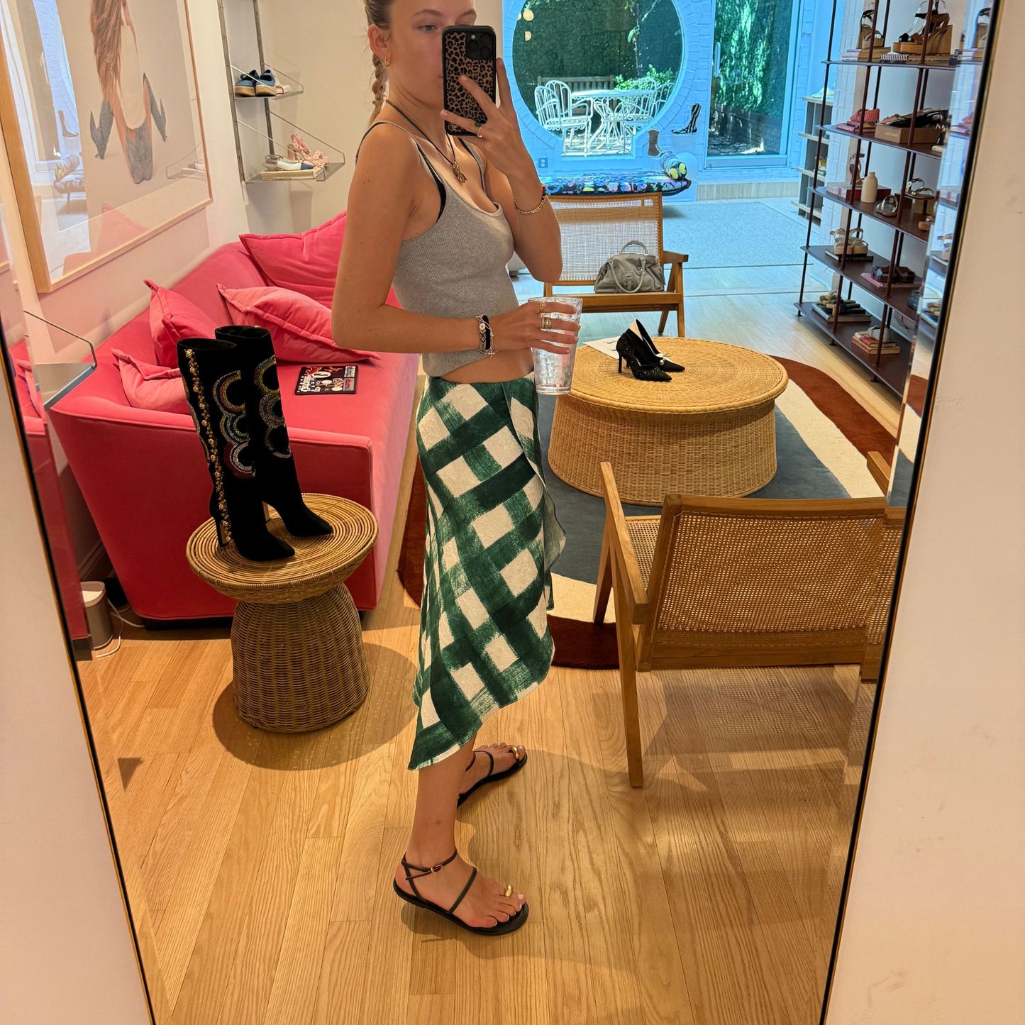 Martha Skirt in Green Jumbo Gingham Silky Brocade