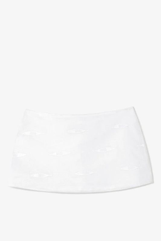 Ava Mini Skirt White Embroidered Fish Cotton