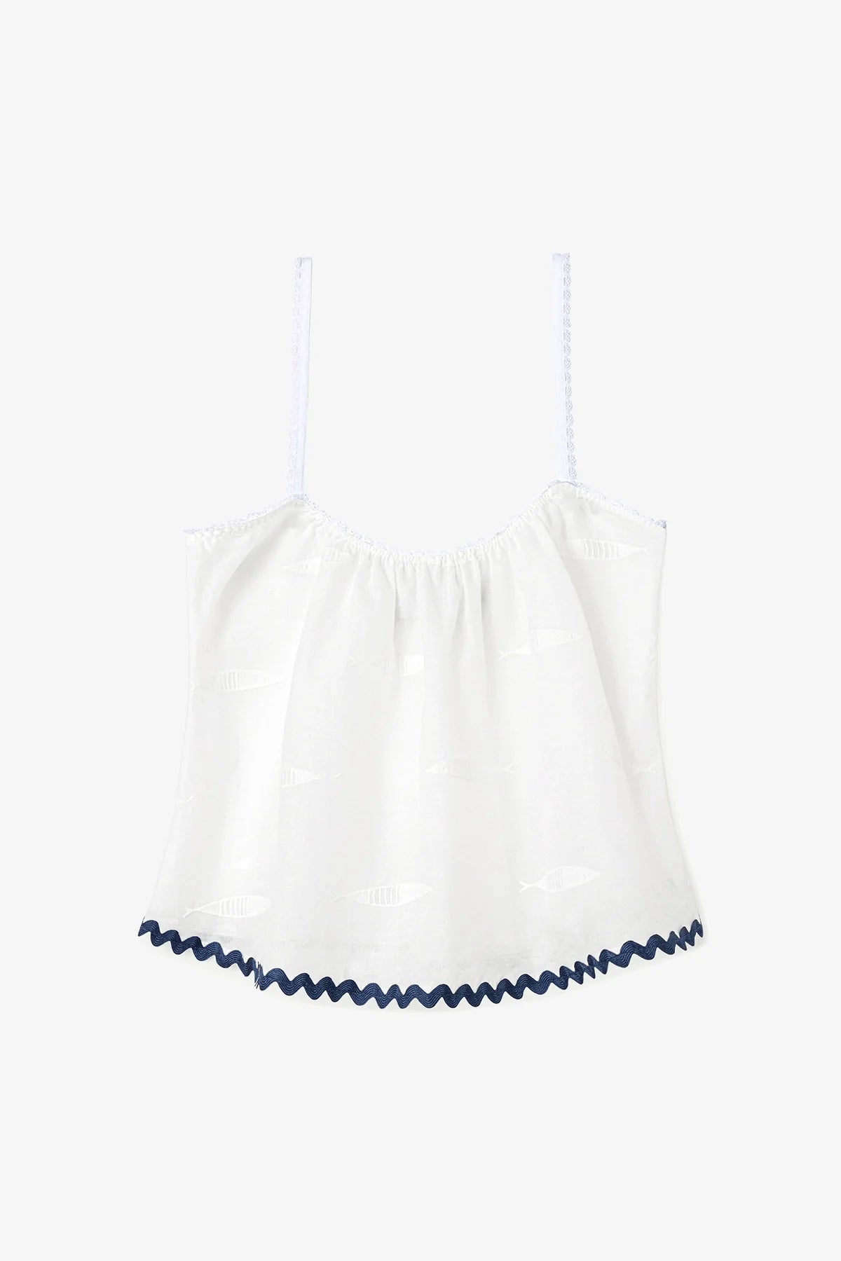 The Perfect Tank Top Embroidered Fish with Navy Trim